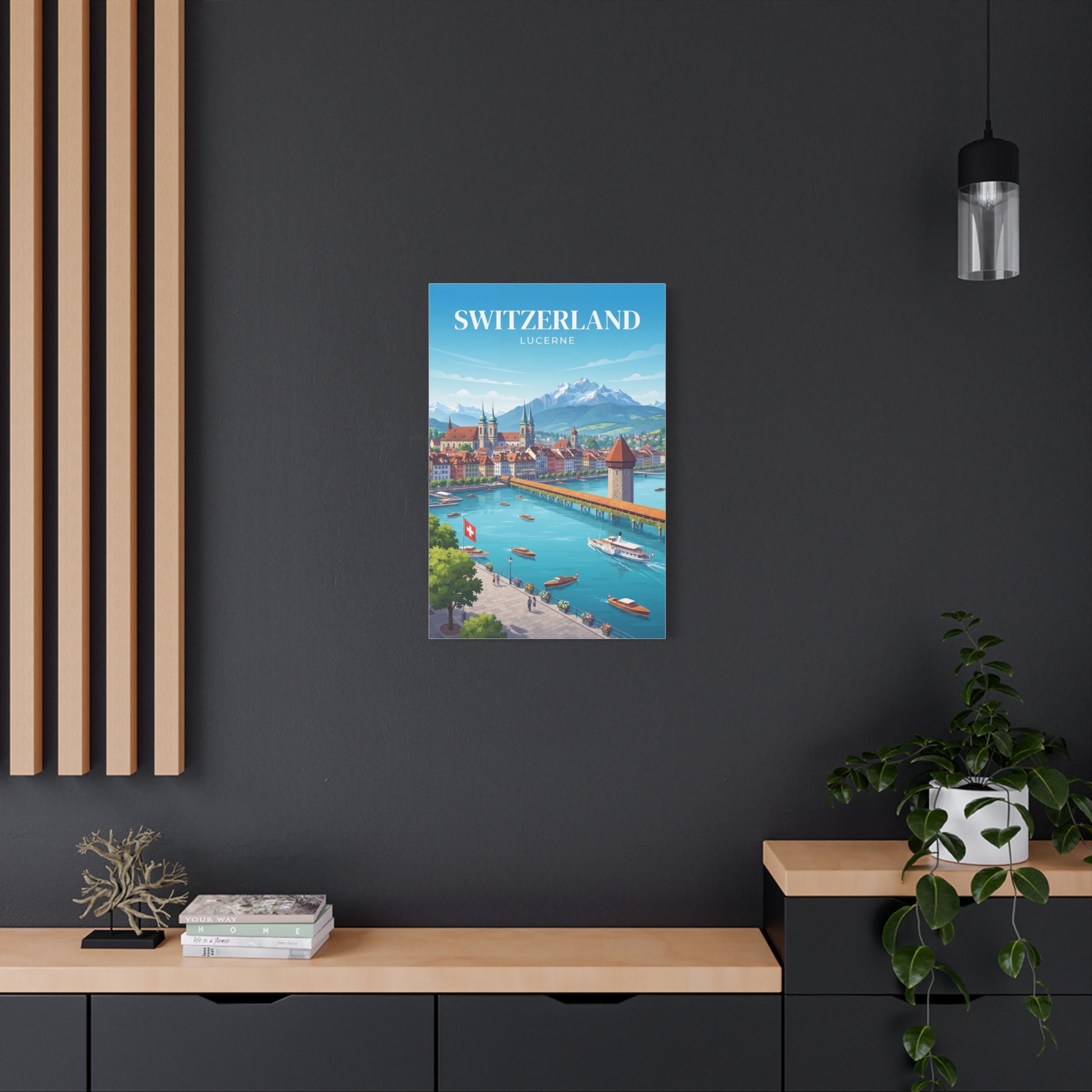 Matte canvas wall art, small Switzerland Lucerne scene with boats and mountain peaks