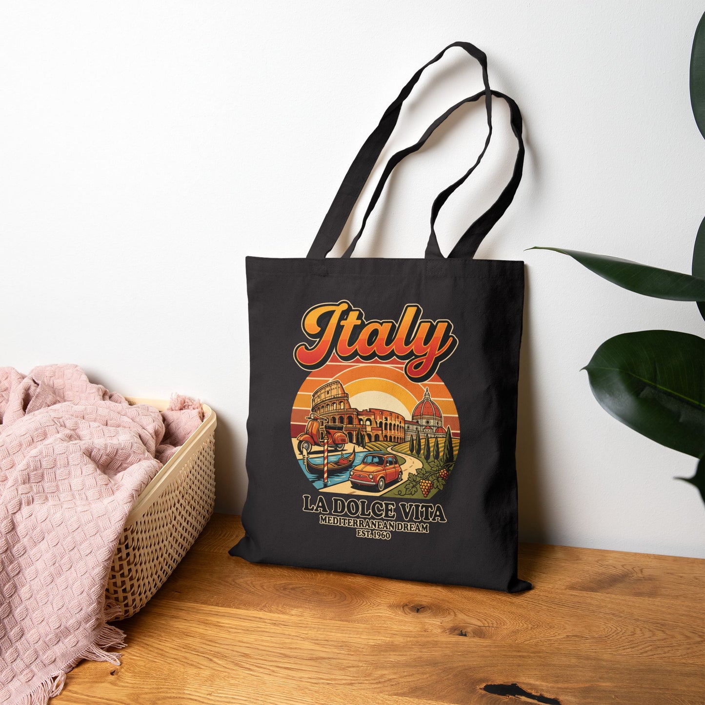 Black canvas tote bag with front Italy graphic and long fabric handles