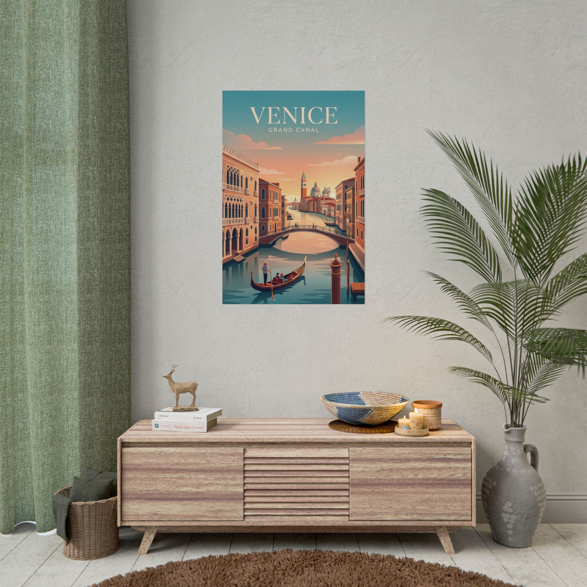Venice grand canal rolled art poster mounted on wall, teal title and canal scene