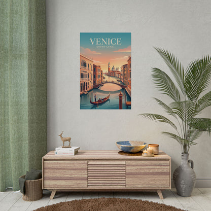 Venice grand canal rolled art poster mounted on wall, teal title and canal scene