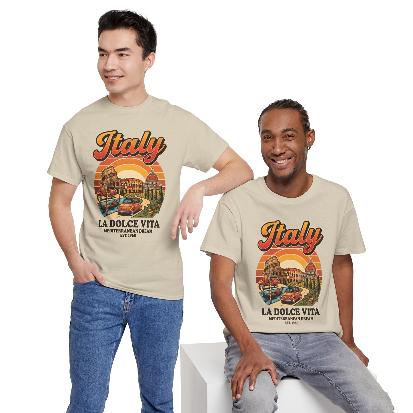 Beige vintage graphic T-shirt with orange Italy text and car illustration on front