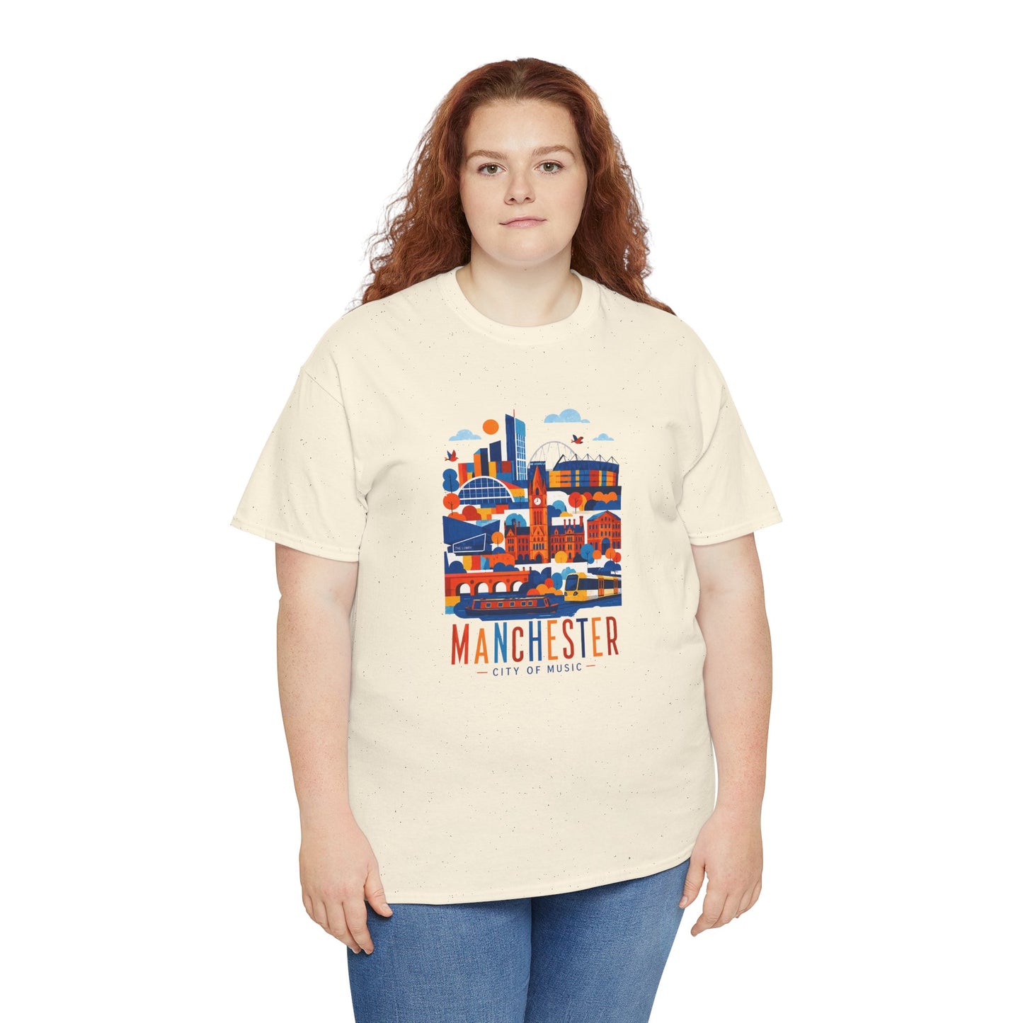 Natural crewneck t-shirt with colorful Manchester skyline graphic and red text