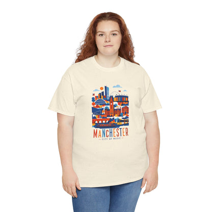 Natural crewneck t-shirt with colorful Manchester skyline graphic and red text