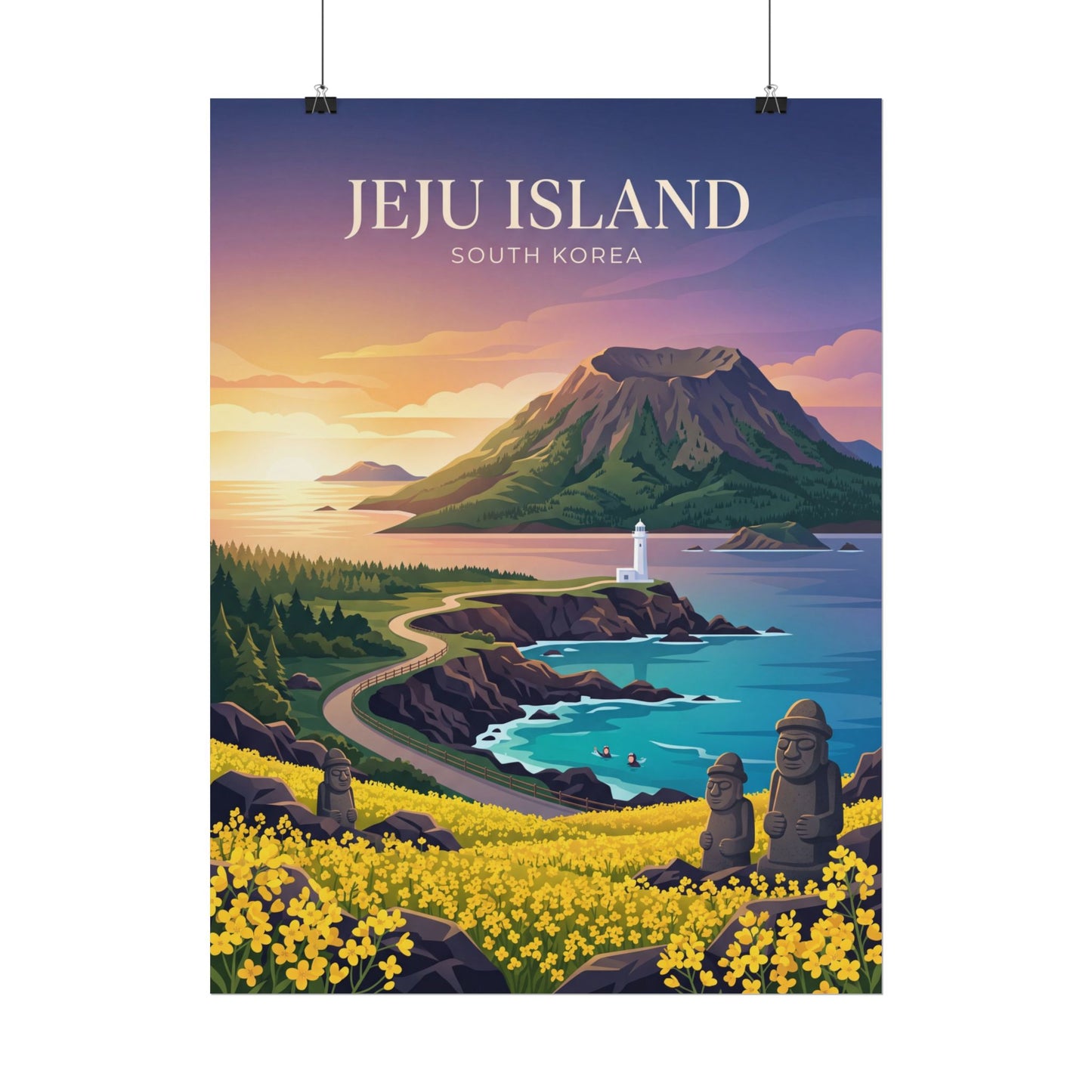 Jeju Island South Korea scenic wall poster hanging, ocean cove, lighthouse, and blossoms