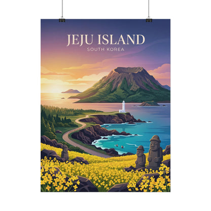 Jeju Island South Korea scenic wall poster hanging, ocean cove, lighthouse, and blossoms