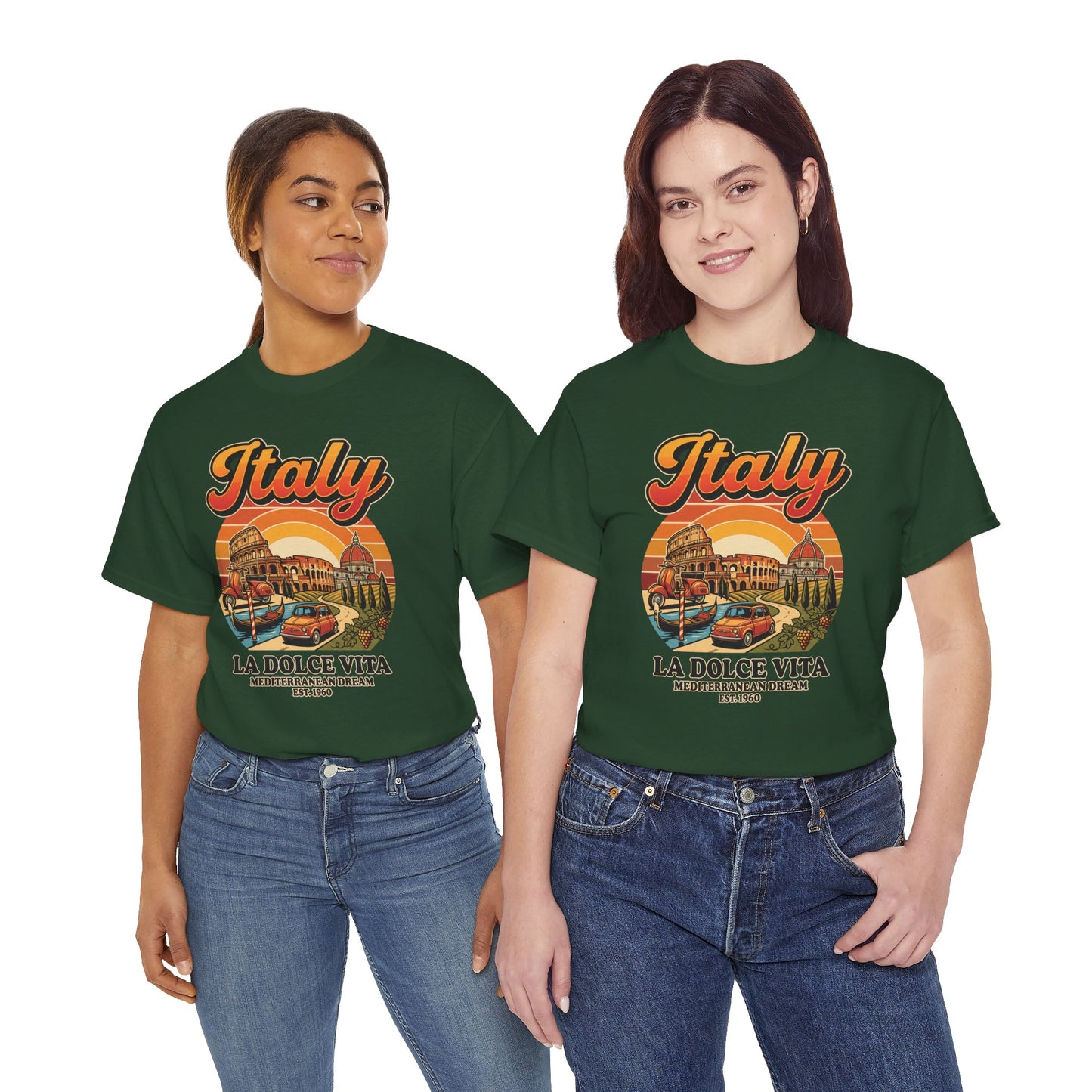 Dark green crew-neck T-shirt with colorful 'Italy La Dolce Vita' chest graphic