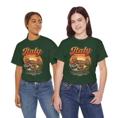 Dark green crew-neck T-shirt with colorful 'Italy La Dolce Vita' chest graphic