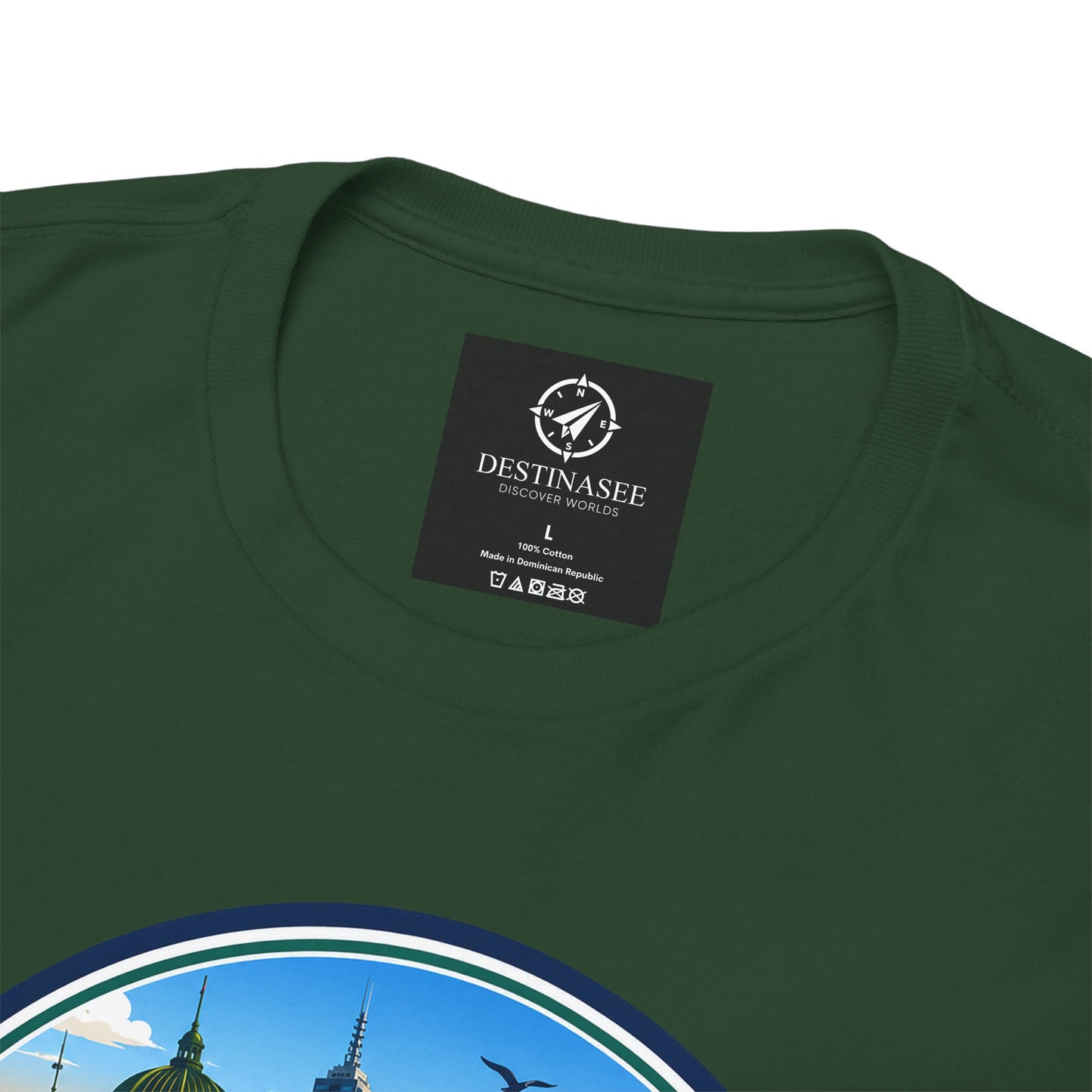 Forest green short-sleeve tee close-up of back neck label and top of circular graphic