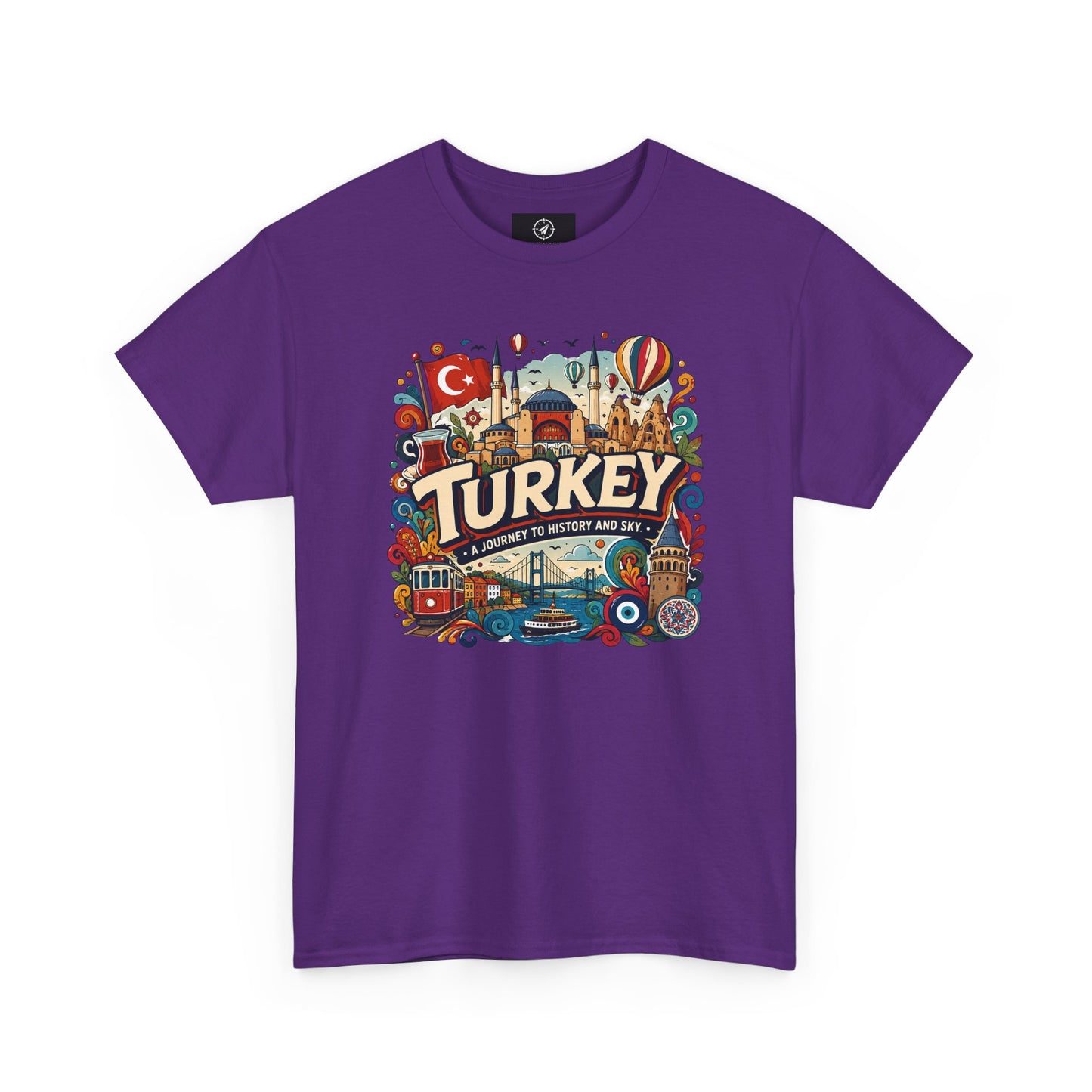 Purple graphic tee with colorful Turkey city scene and hot air balloon design