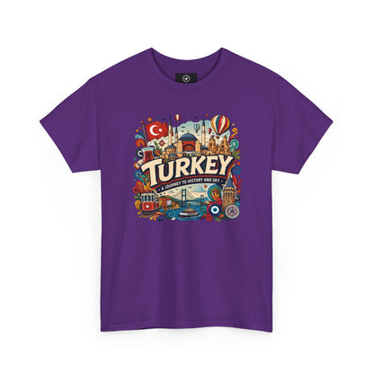 Purple graphic tee with colorful Turkey city scene and hot air balloon design