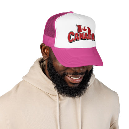 Canada trucker hat with white front panel and magenta mesh; curved brim.
