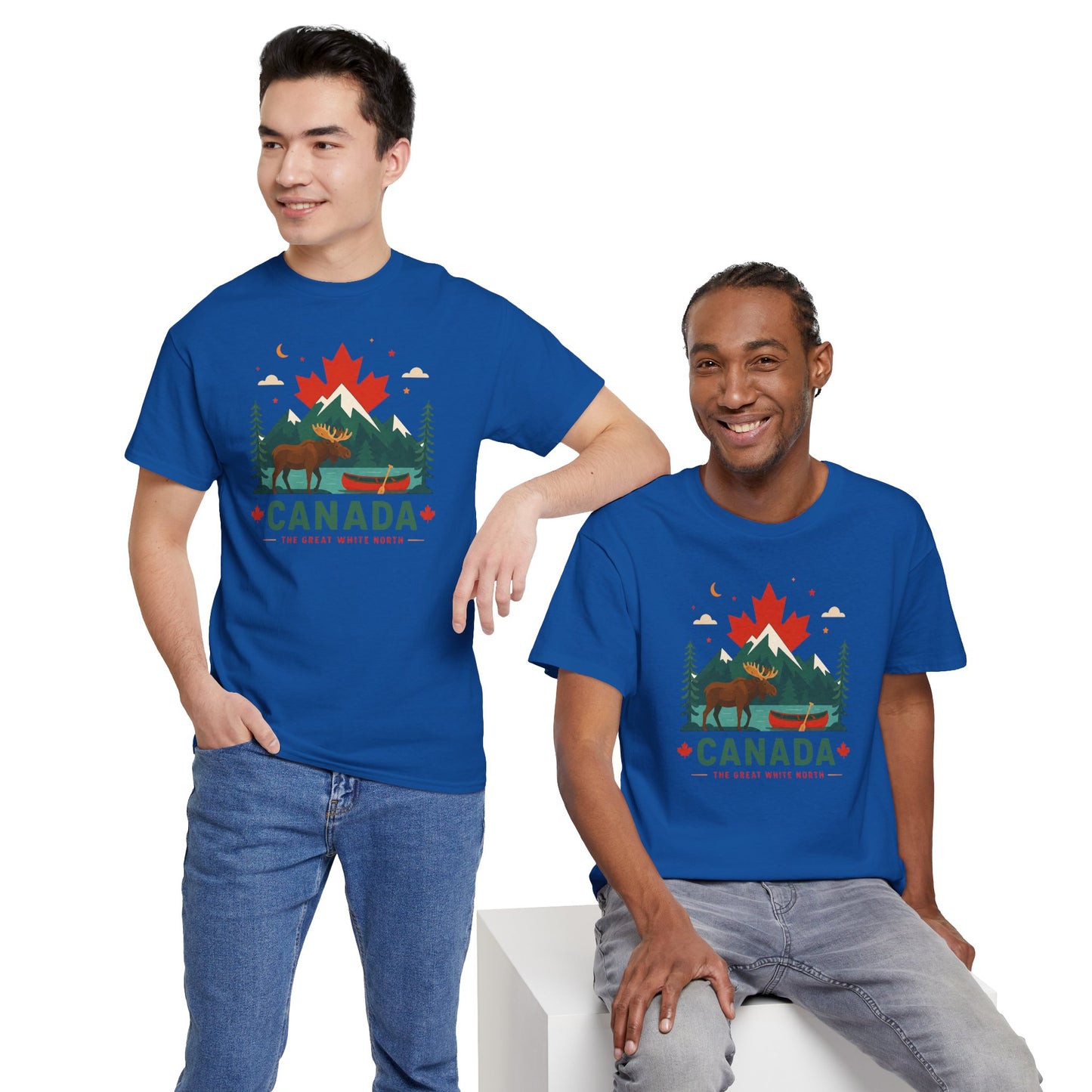 Royal blue graphic camping T-shirt with maple leaf and CANADA print on models