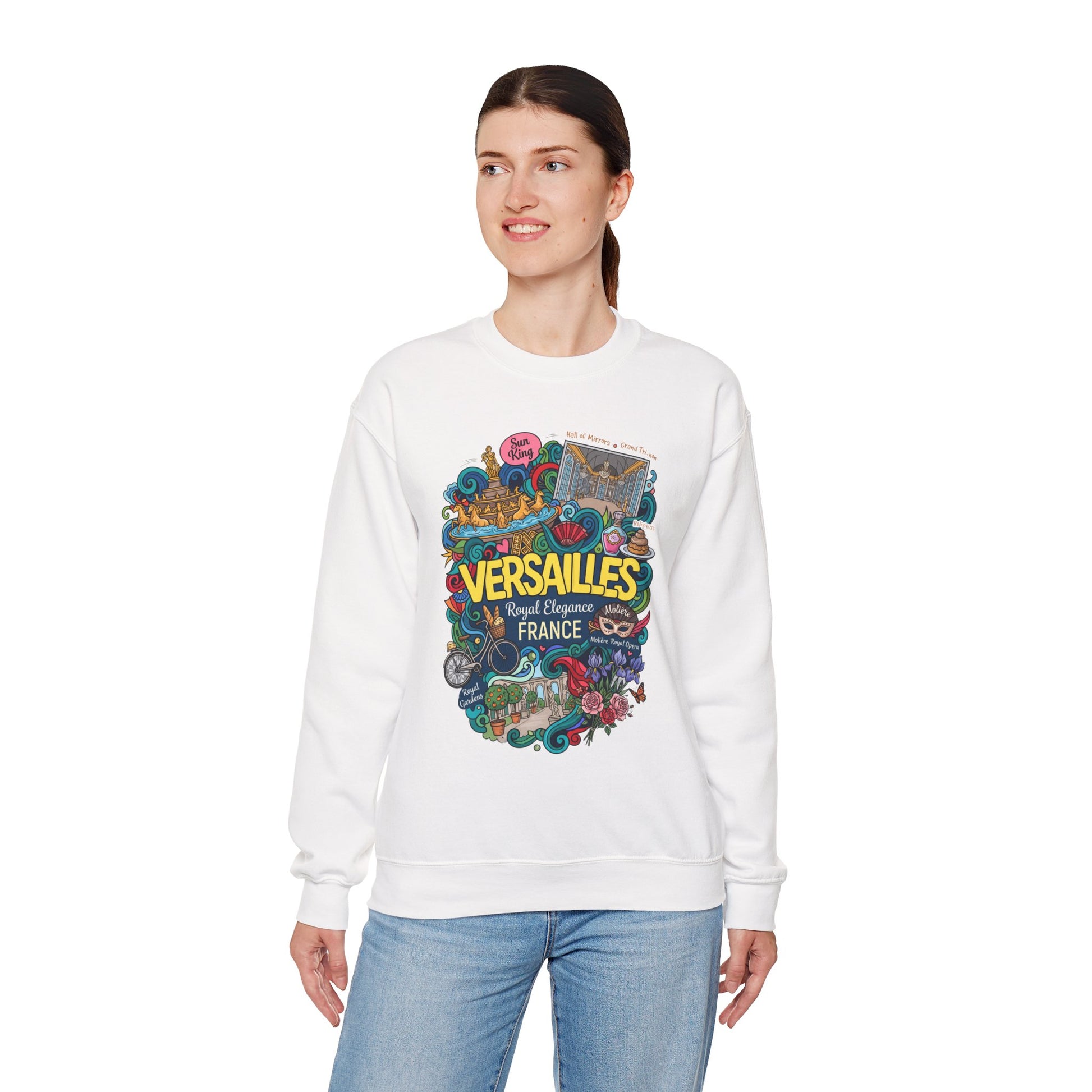 White crewneck sweatshirt with colorful France graphic print on the front