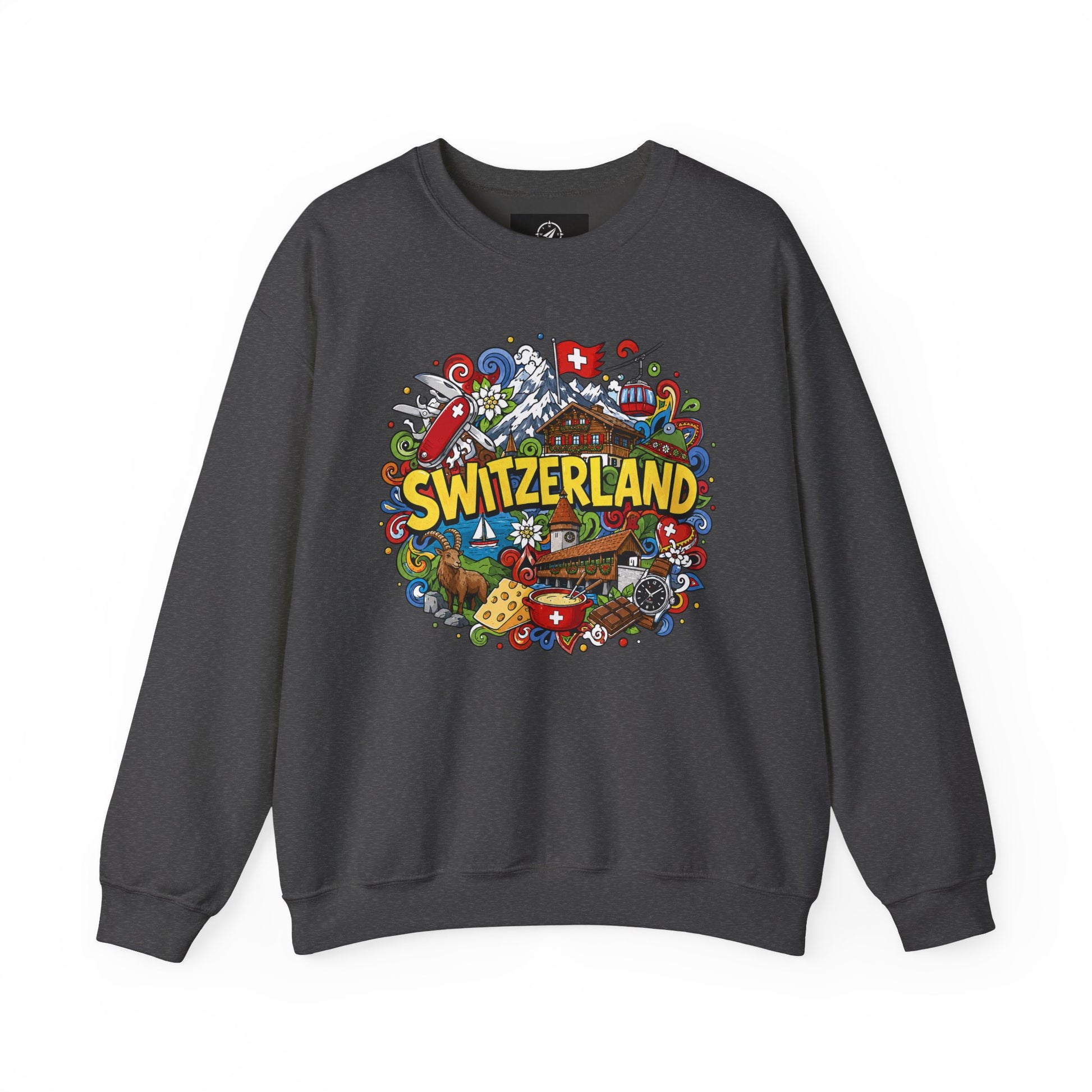 Dark gray sweatshirt with colorful Switzerland graphic print across the chest