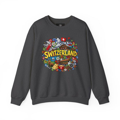 Dark gray sweatshirt with colorful Switzerland graphic print across the chest