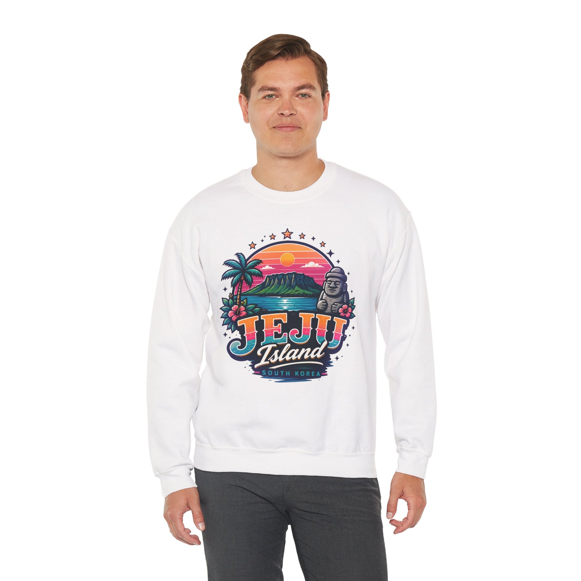 White crewneck sweatshirt with colorful front graphic print