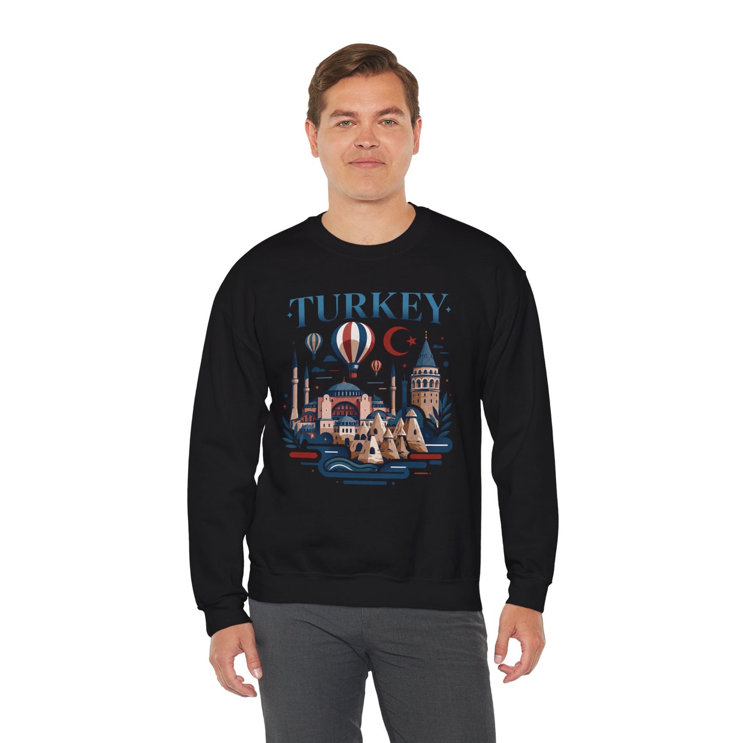 Black turkey travel sweatshirt with long sleeves and colorful front graphic on model