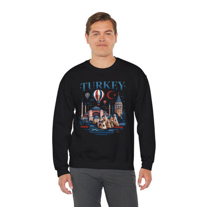Black turkey travel sweatshirt with long sleeves and colorful front graphic on model