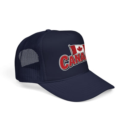 Navy trucker hat with mesh back and front embroidered Canada logo patch.