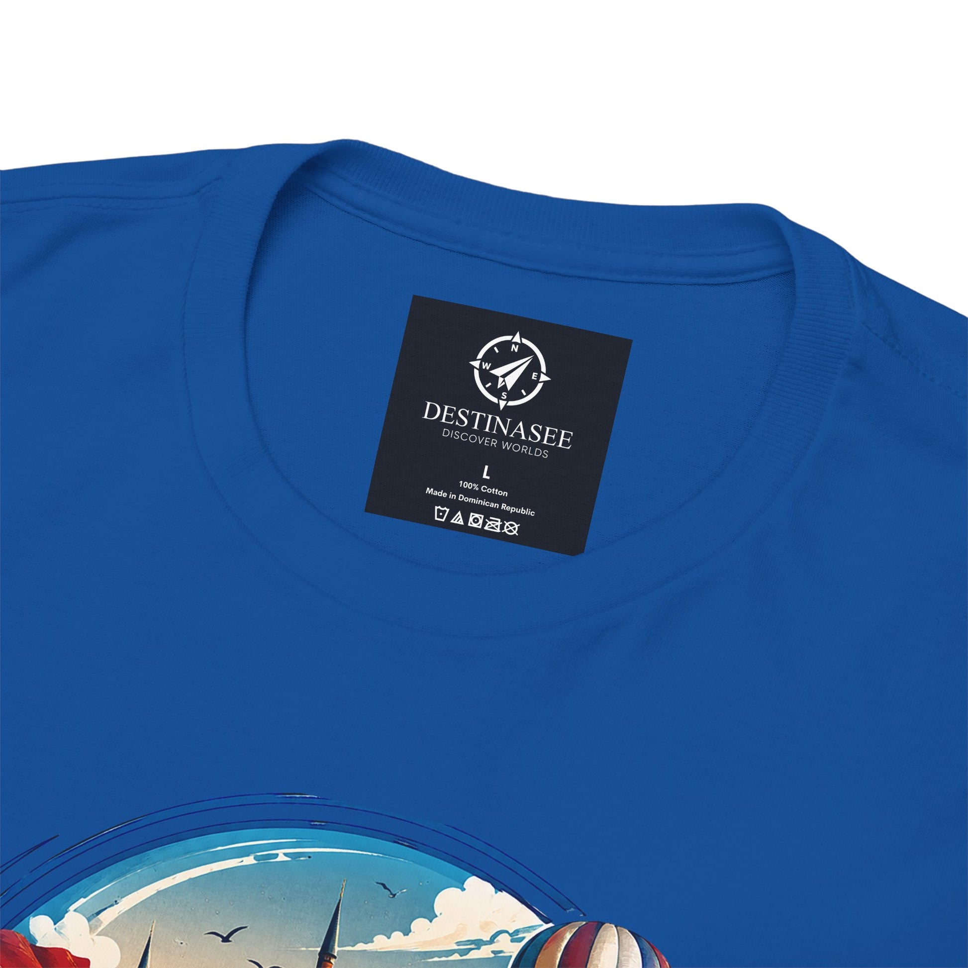 Royal blue travel T-shirt with circular world graphic on chest and neck label