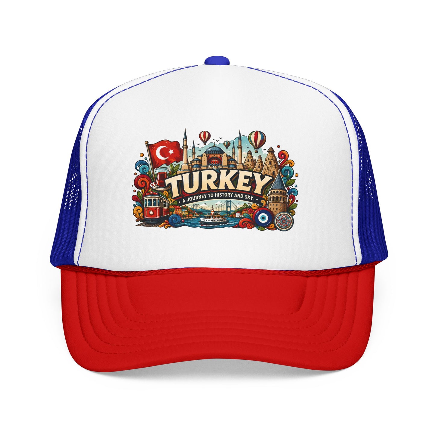 Turkey trucker hat with white front, blue mesh sides, and red brim with Turkey graphic