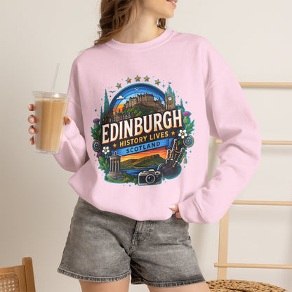 Light pink crewneck sweatshirt with colorful Edinburgh graphic print on front