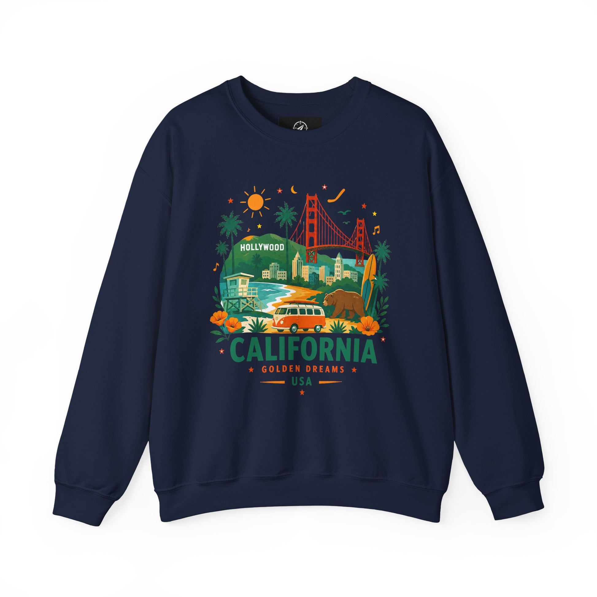 Navy crewneck sweatshirt with colorful California graphic on the front