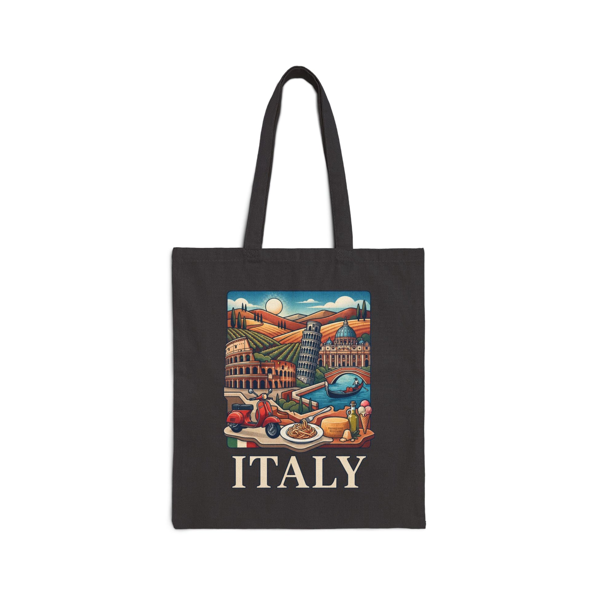 Black canvas tote bag with colorful Italy skyline print and “ITALY” text
