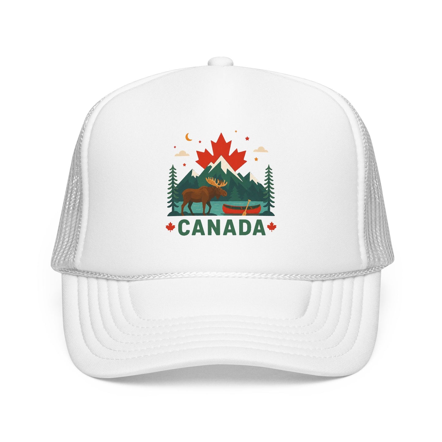 White trucker hat with mesh side panels and embroidered Canada logo