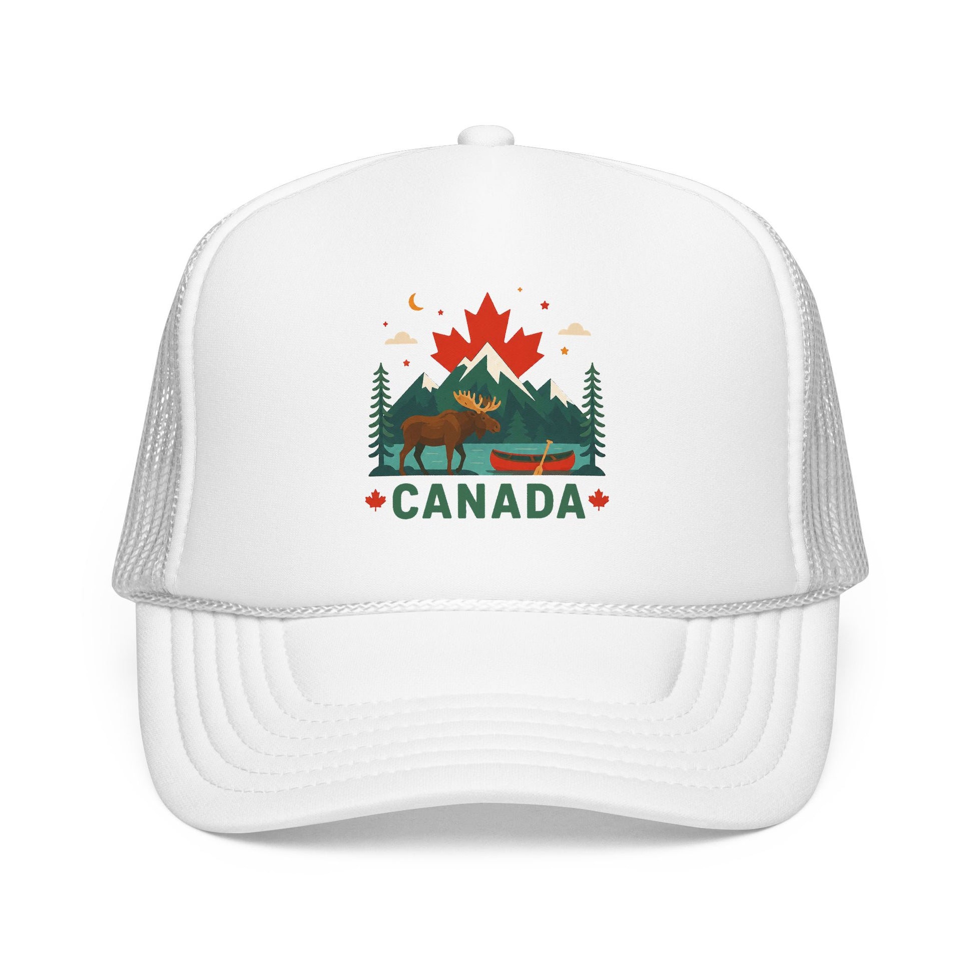 White trucker hat with mesh side panels and embroidered Canada logo