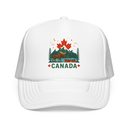 White trucker hat with mesh side panels and embroidered Canada logo