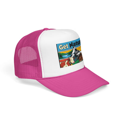 Trucker hat with white front, pink mesh back, pink brim, and Get Natural front patch