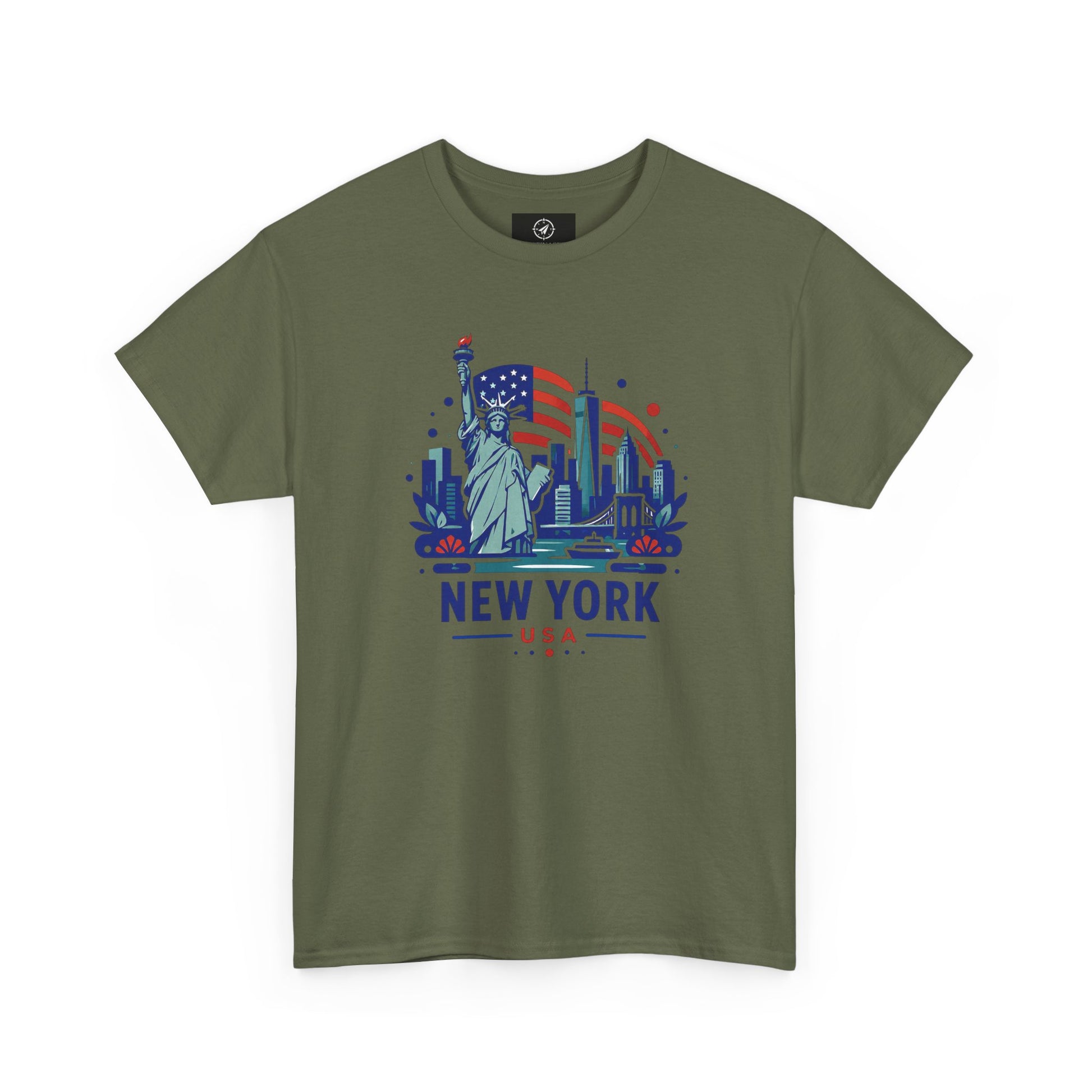 Military green T-shirt with Statue of Liberty and New York USA graphic on front