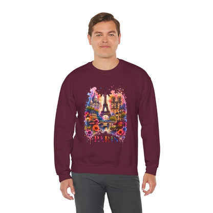 Maroon crewneck sweatshirt with colorful Paris Eiffel Tower watercolor graphic