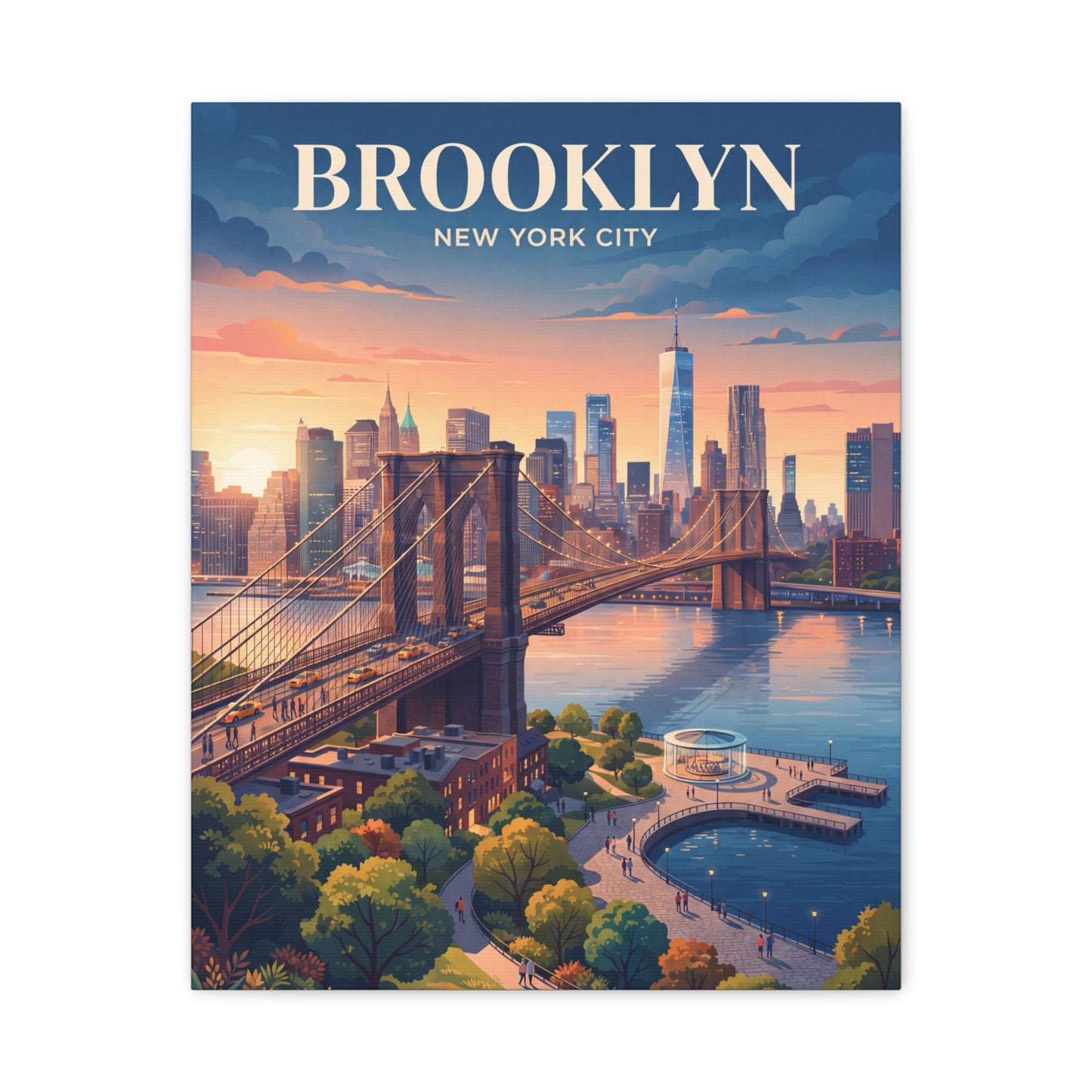 Rectangular canvas wall art with Brooklyn skyline, bridge, sunset sky and BROOKLYN title