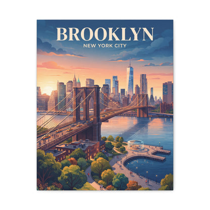 Rectangular canvas wall art with Brooklyn skyline, bridge, sunset sky and BROOKLYN title