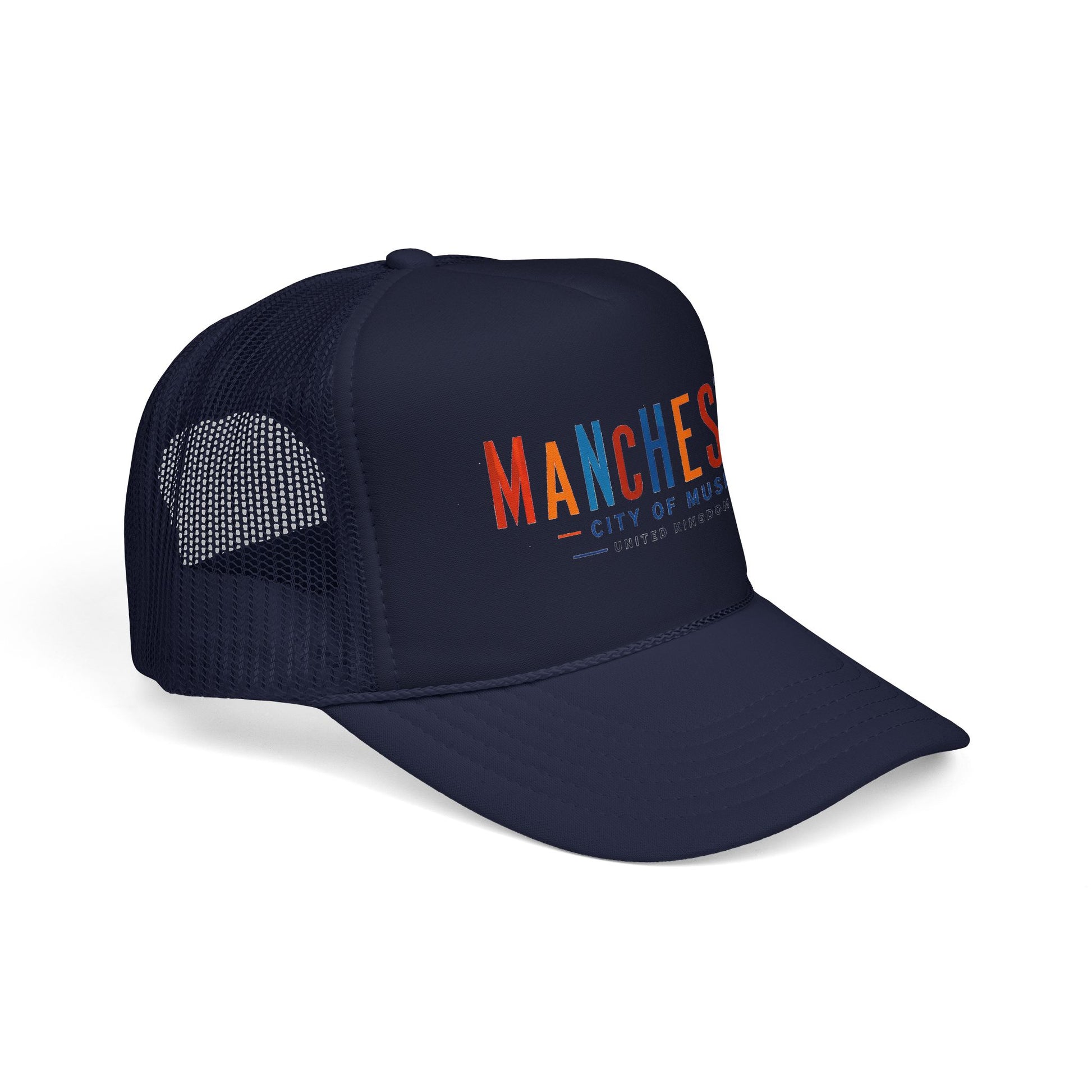 Navy trucker hat with navy mesh sides and curved brim; Manchester City of Music logo in orange/blue.