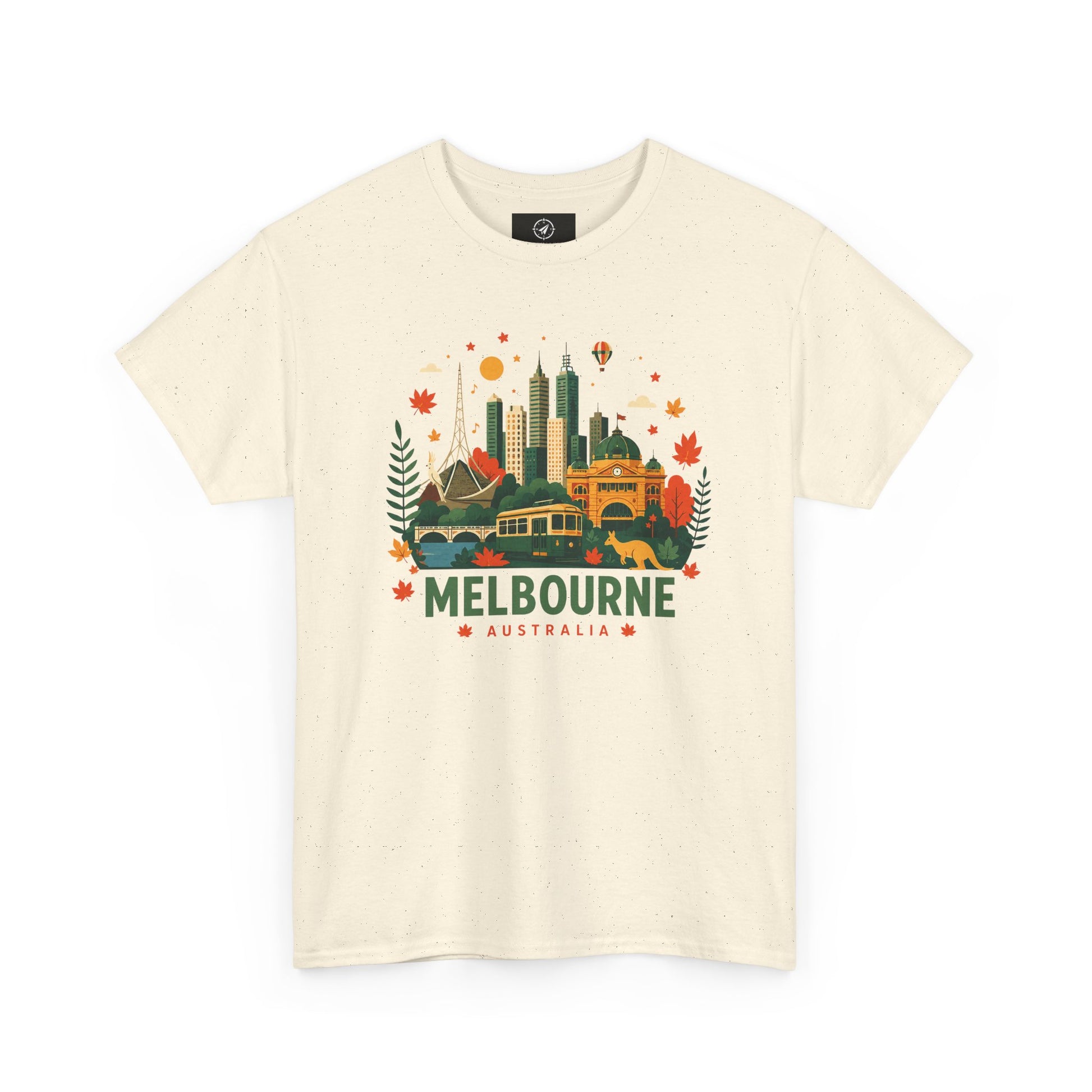 Natural/beige T-shirt with Melbourne skyline and colorful autumn front graphic