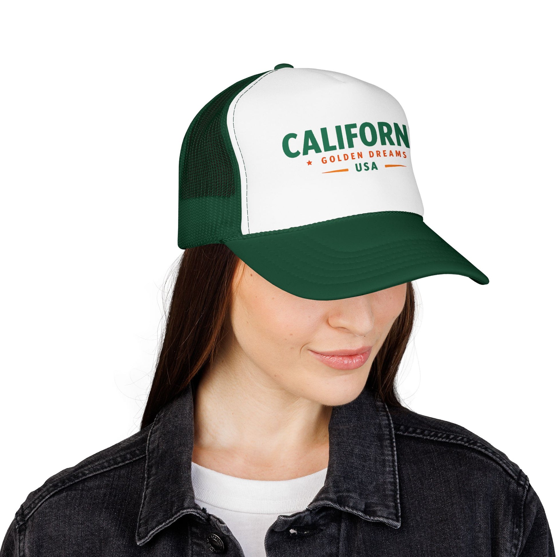 Green-and-white trucker hat with green “CALIFORNIA GOLD DREAMS USA” logo on front