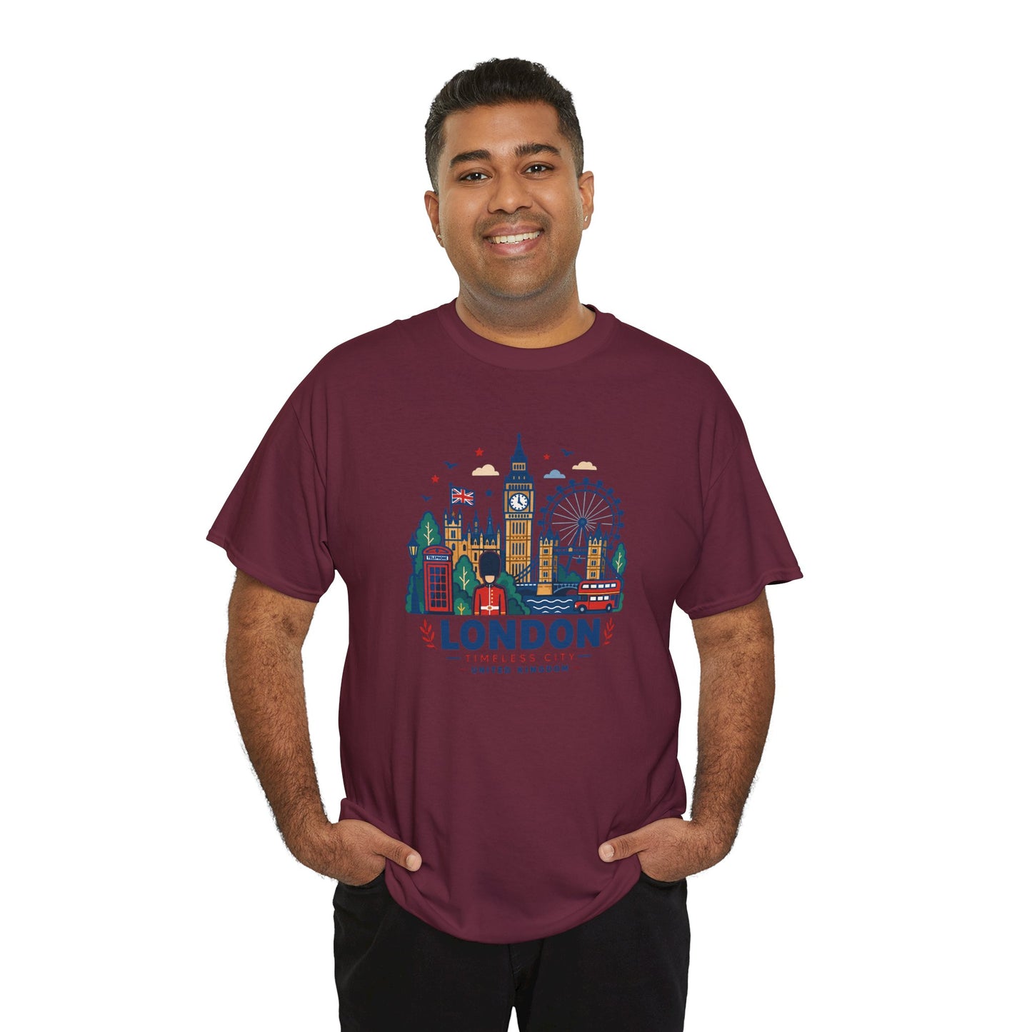 Maroon London skyline graphic T-shirt, crew neck, short sleeves