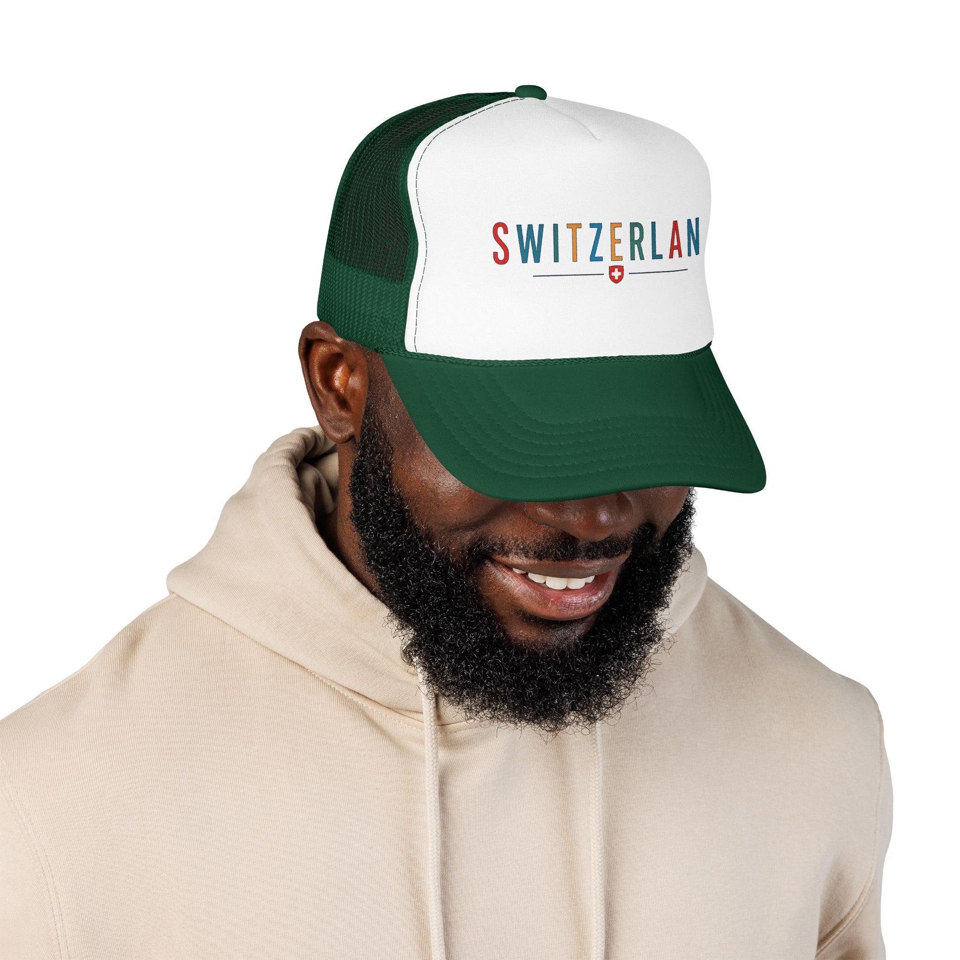 Two-tone trucker cap, white front and green mesh back, SWITZERLAND logo