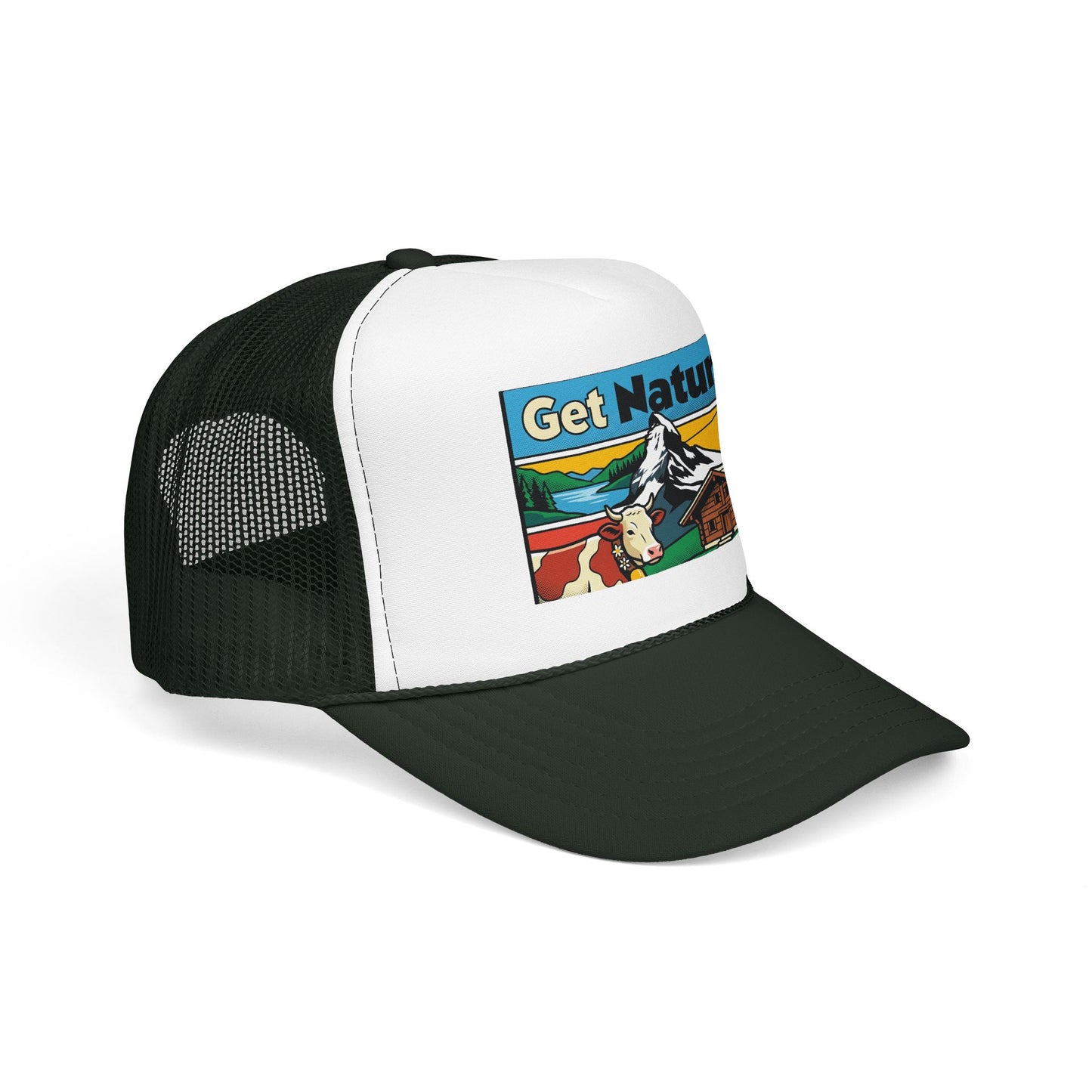 Black and white trucker hat with a front alpine scene graphic patch and curved brim.