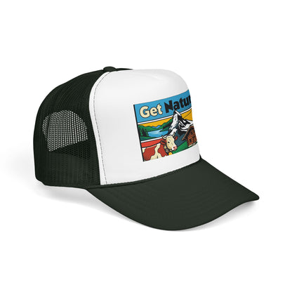 Black and white trucker hat with a front alpine scene graphic patch and curved brim.