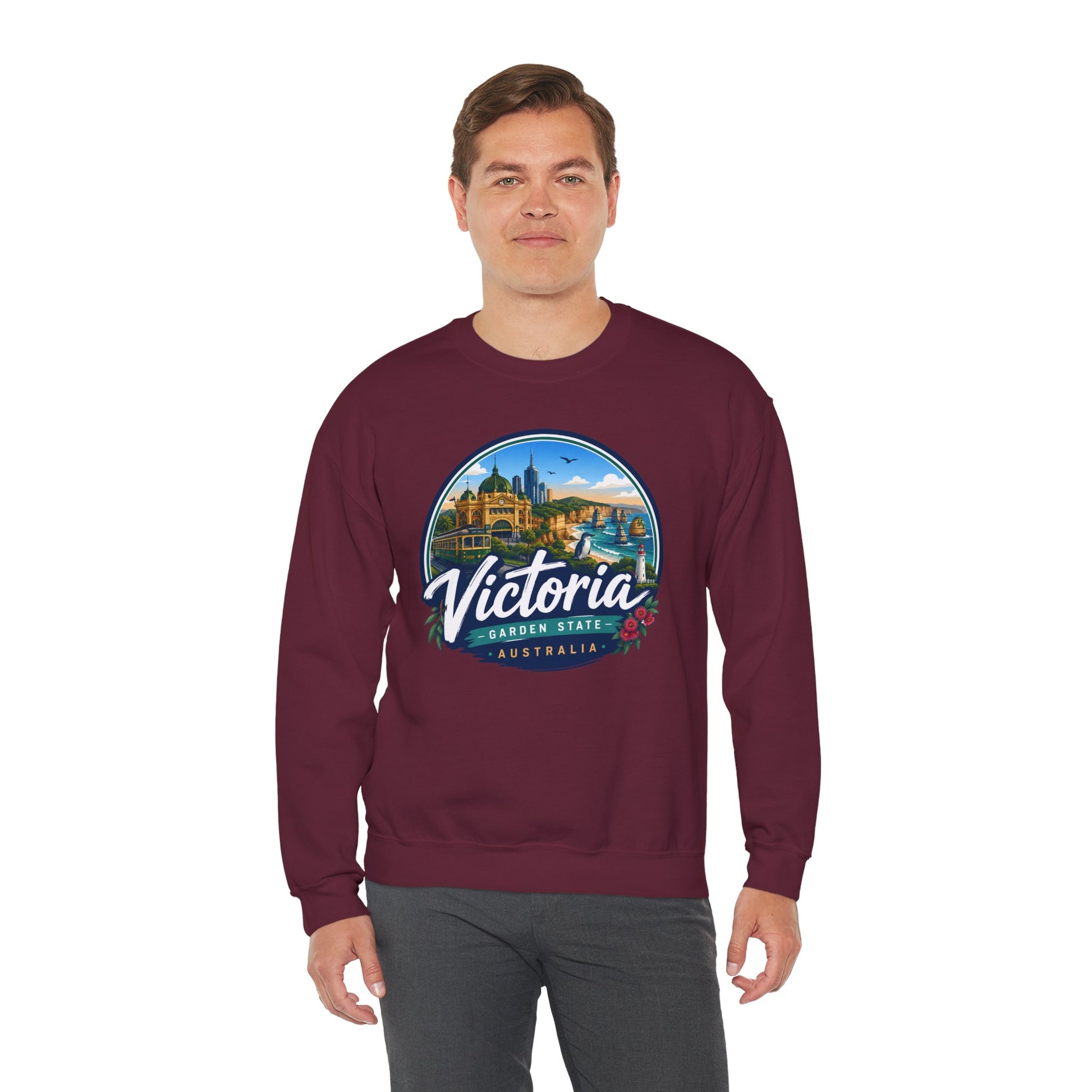 Maroon vintage crewneck sweatshirt with Victoria Australia graphic at the chest
