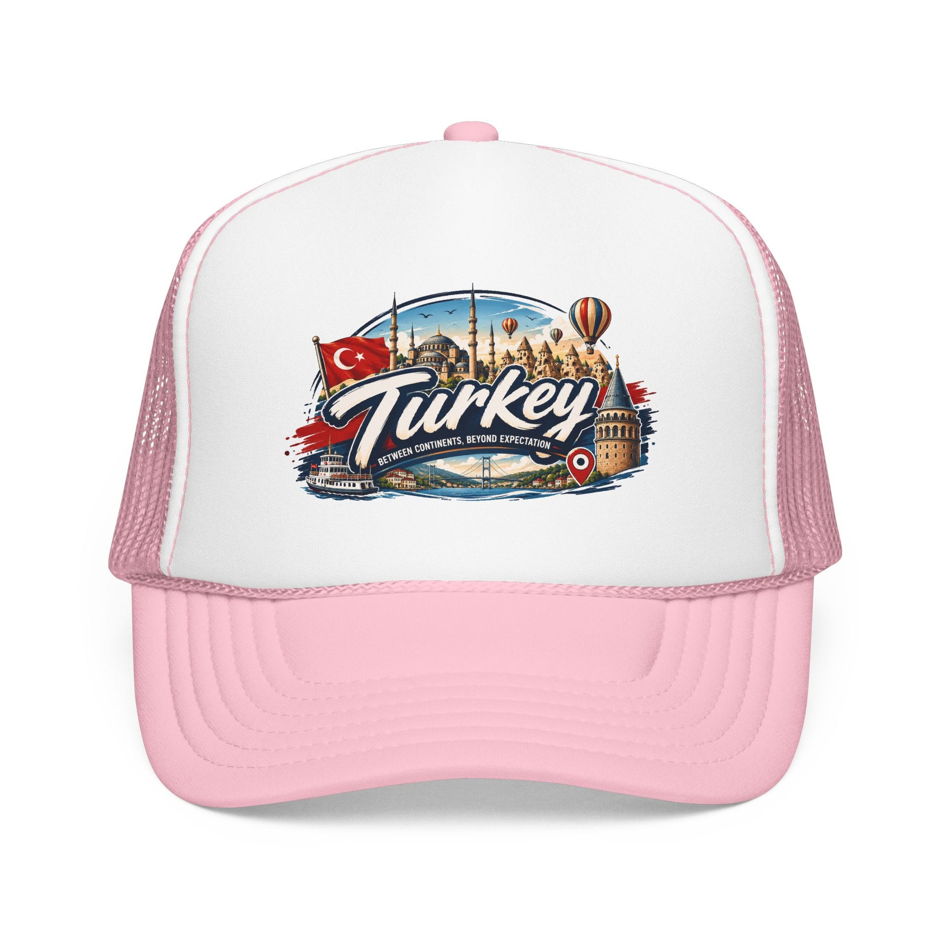 White and pink trucker hat with pink mesh sides and Turkey travel graphic on front