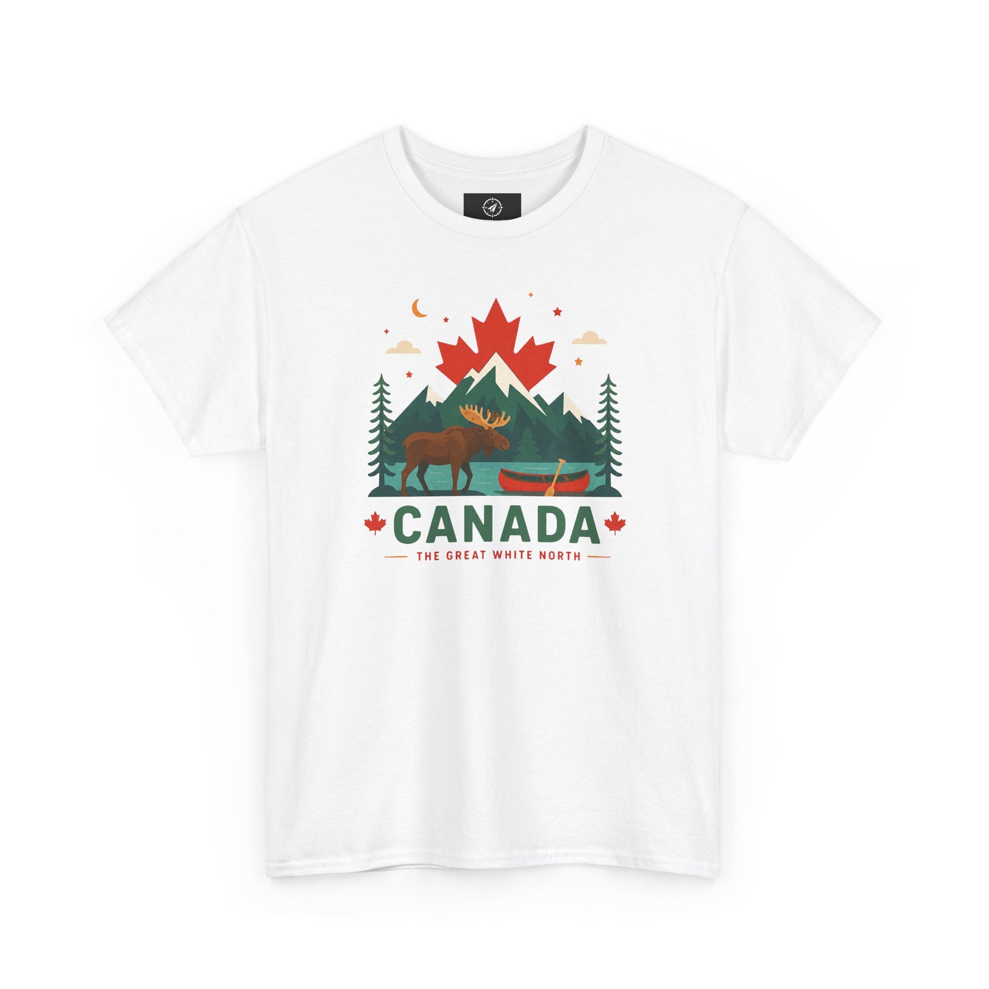 White T-shirt with Canada scenic graphic featuring maple leaf, trees, and “CANADA” text