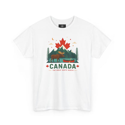 White T-shirt with Canada scenic graphic featuring maple leaf, trees, and “CANADA” text