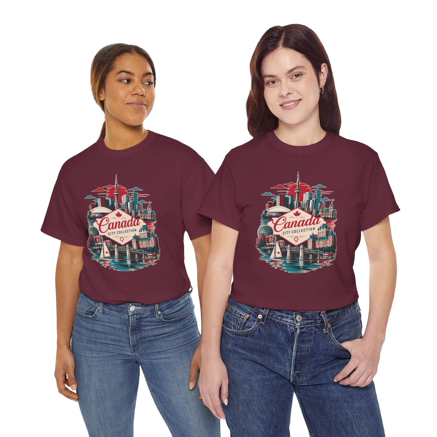 Maroon T-shirt with colorful Canada skyline and script Canada logo graphic