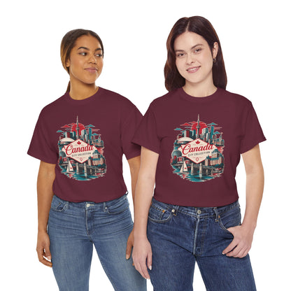 Maroon T-shirt with colorful Canada skyline and script Canada logo graphic