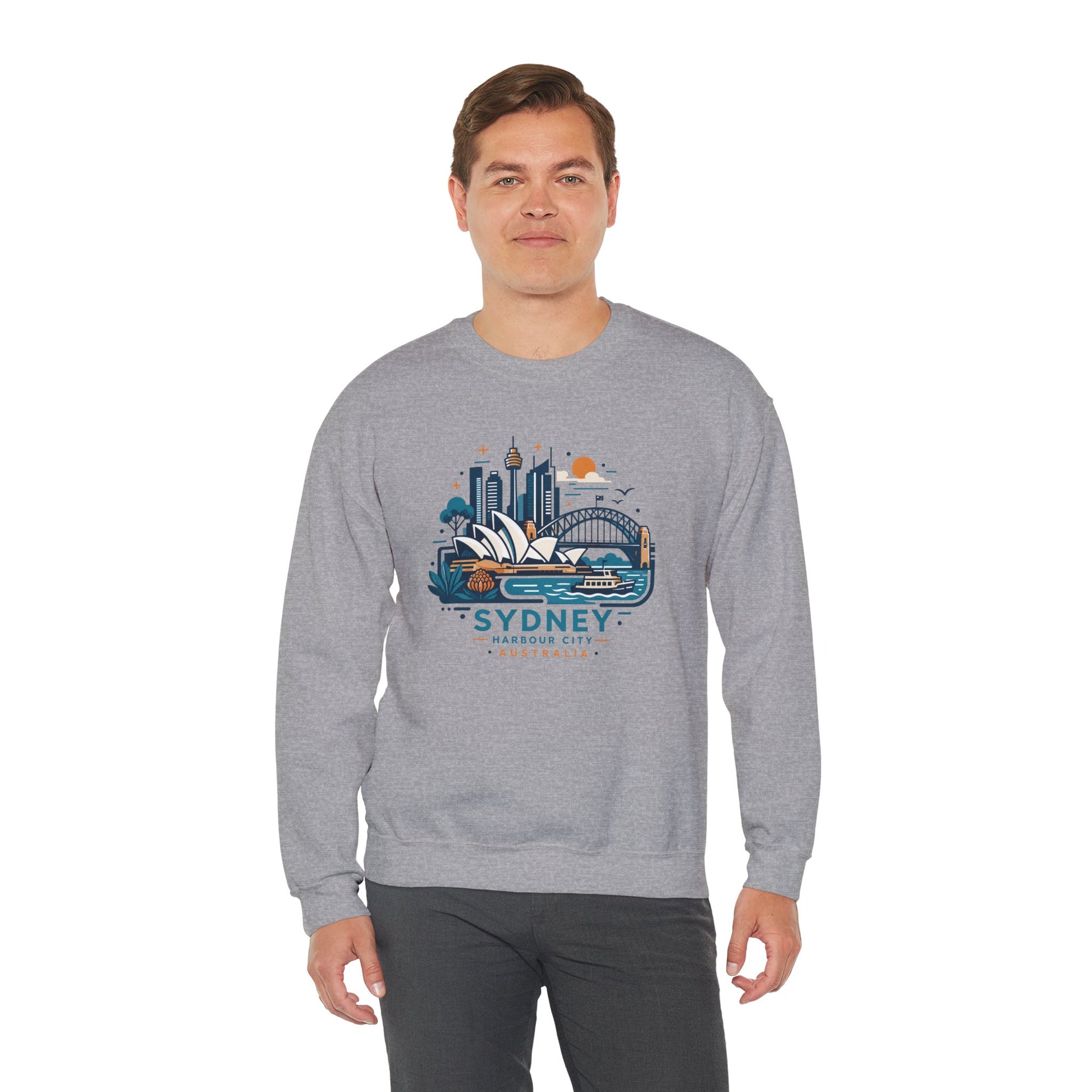 Sport gray crewneck sweatshirt with Sydney Harbor City graphic, worn front view